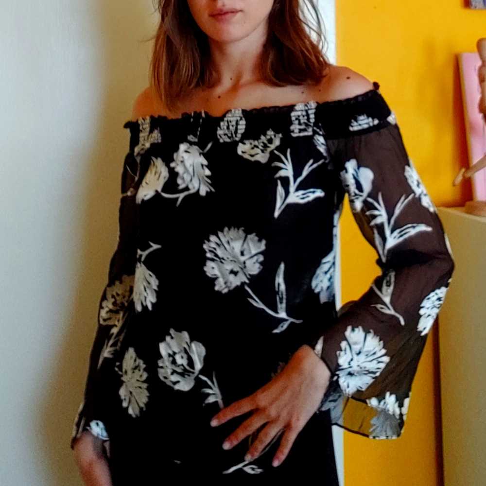WHBM Floral Sheer Sleeve Blouse